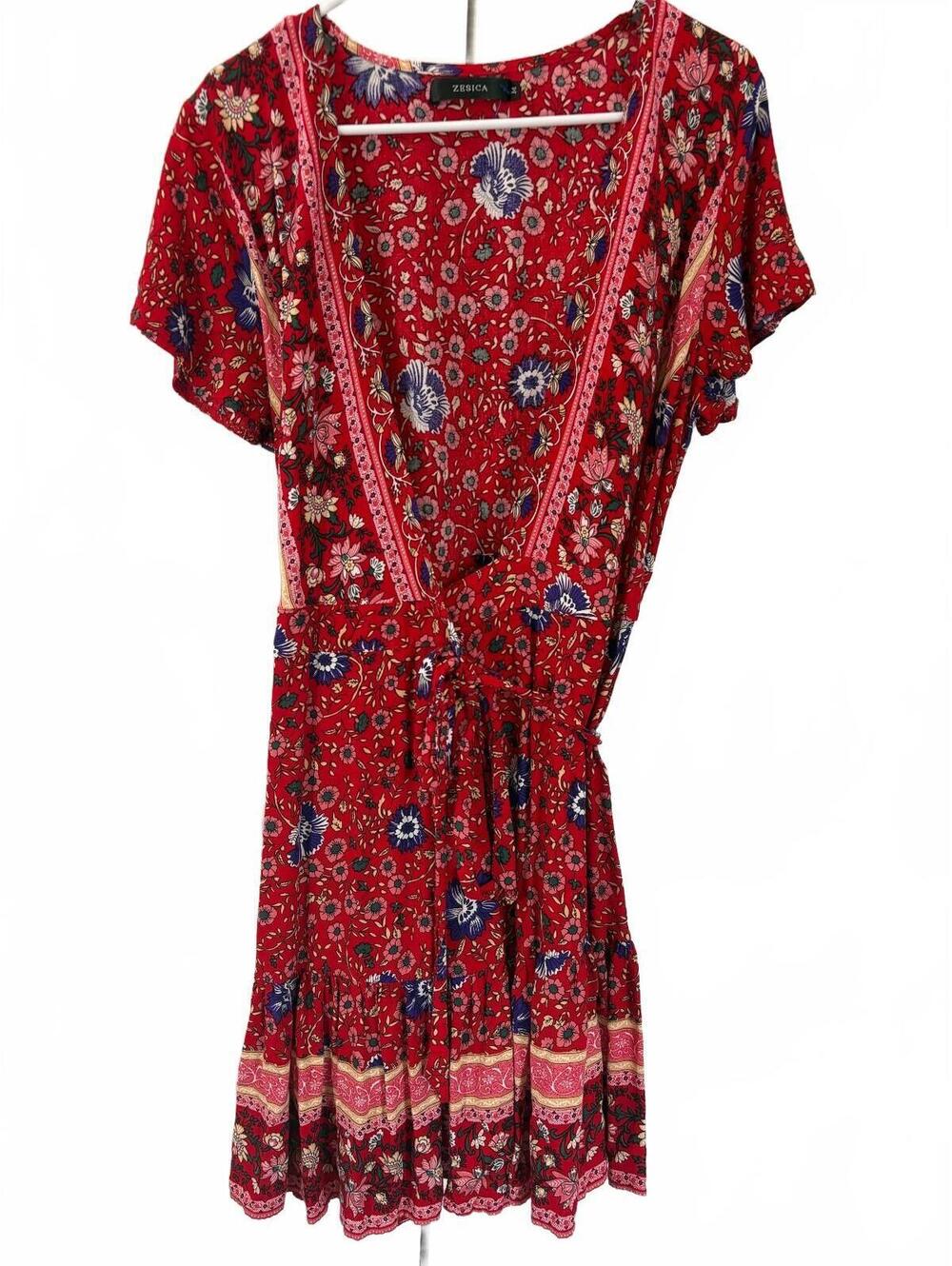 Zesica Women's Medium Red Floral Rayon Wrap Dress Boho Style